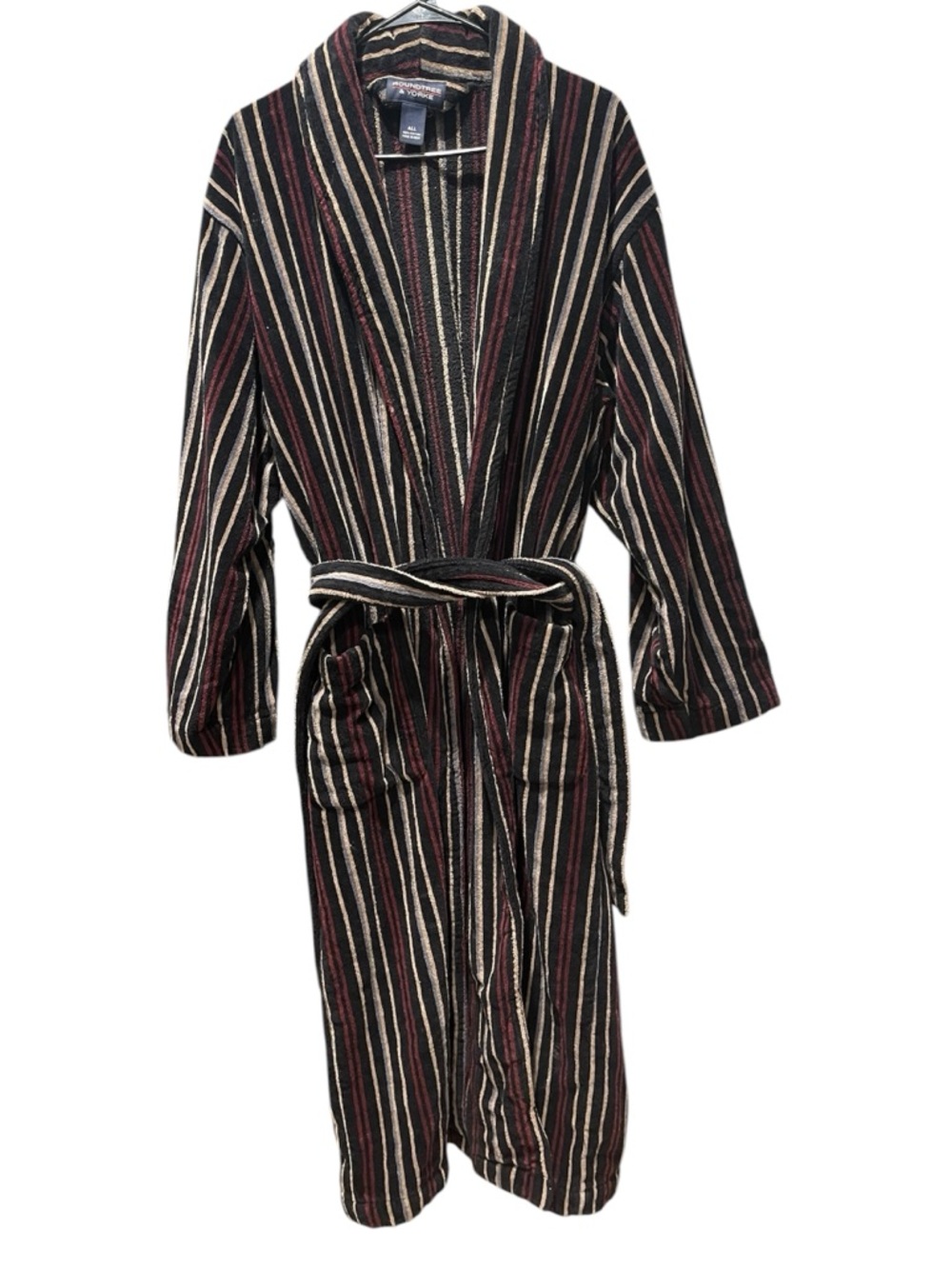 Roundtree & Yorke Striped Shawl-Collar Men’s Robe  - Black, Burgundy & Cream